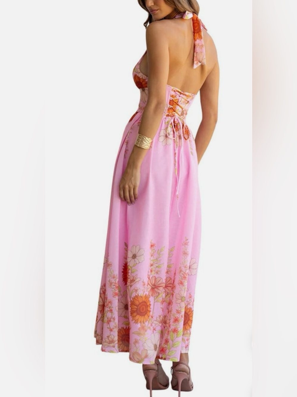 dELiA*s Pink Floral Halter-Neck Maxi Dress with Orange Accents - Picture 2 of 3